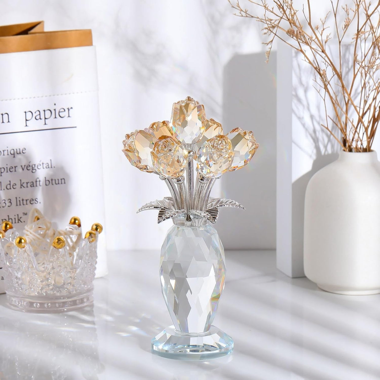 Gold Crystal Rose Bouquet Ornament Glass Flower Figurine Gift Anniversary Decor - Kwikley