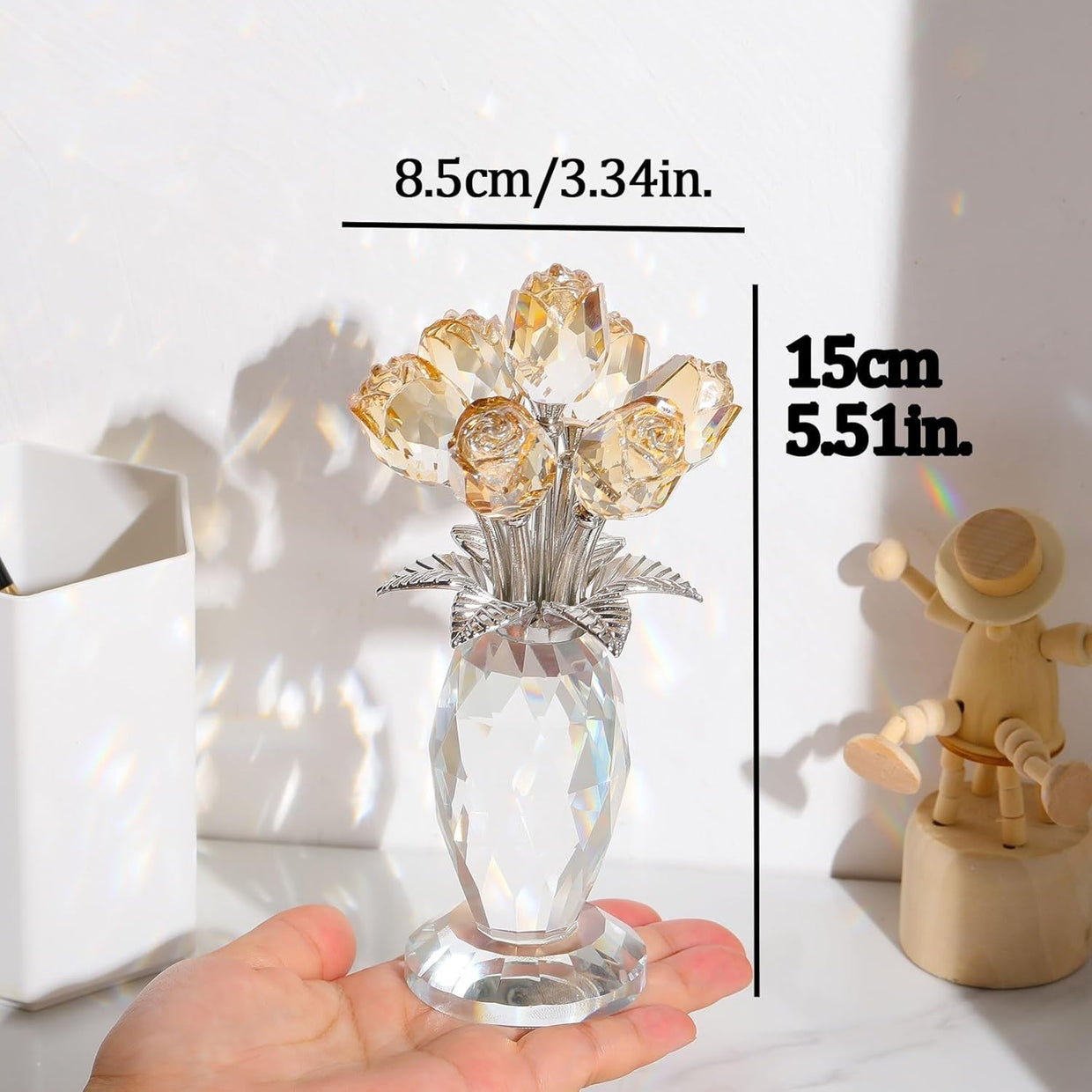 Gold Crystal Rose Bouquet Ornament Glass Flower Figurine Gift Anniversary Decor - Kwikley
