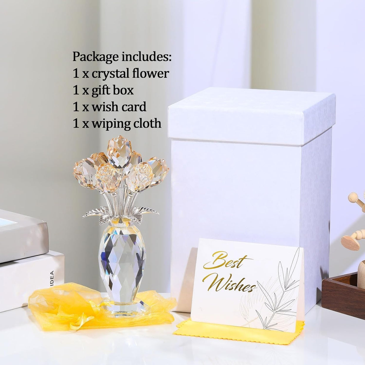 Gold Crystal Rose Bouquet Ornament Glass Flower Figurine Gift Anniversary Decor - Kwikley