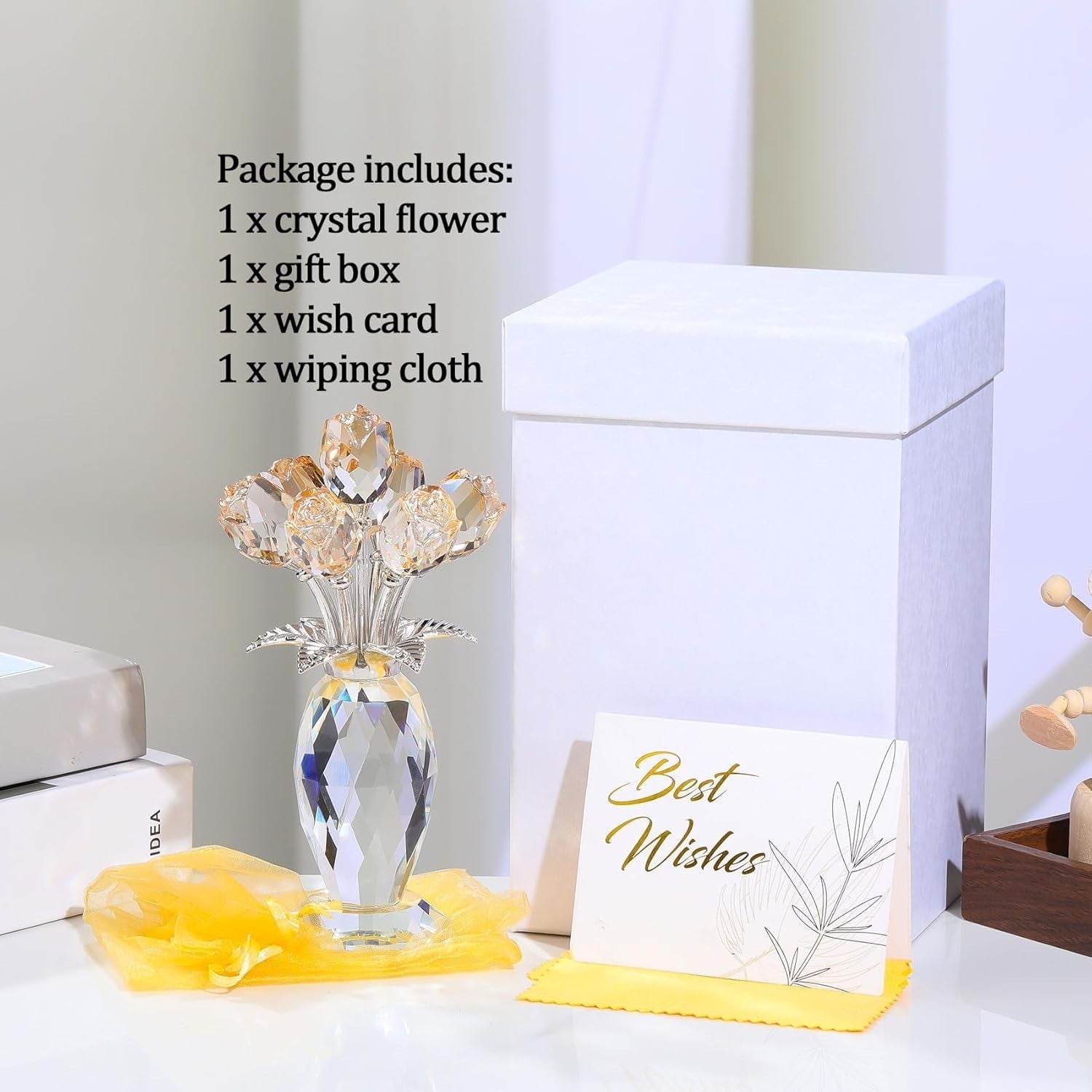 Gold Crystal Rose Bouquet Ornament Glass Flower Figurine Gift Anniversary Decor - Kwikley
