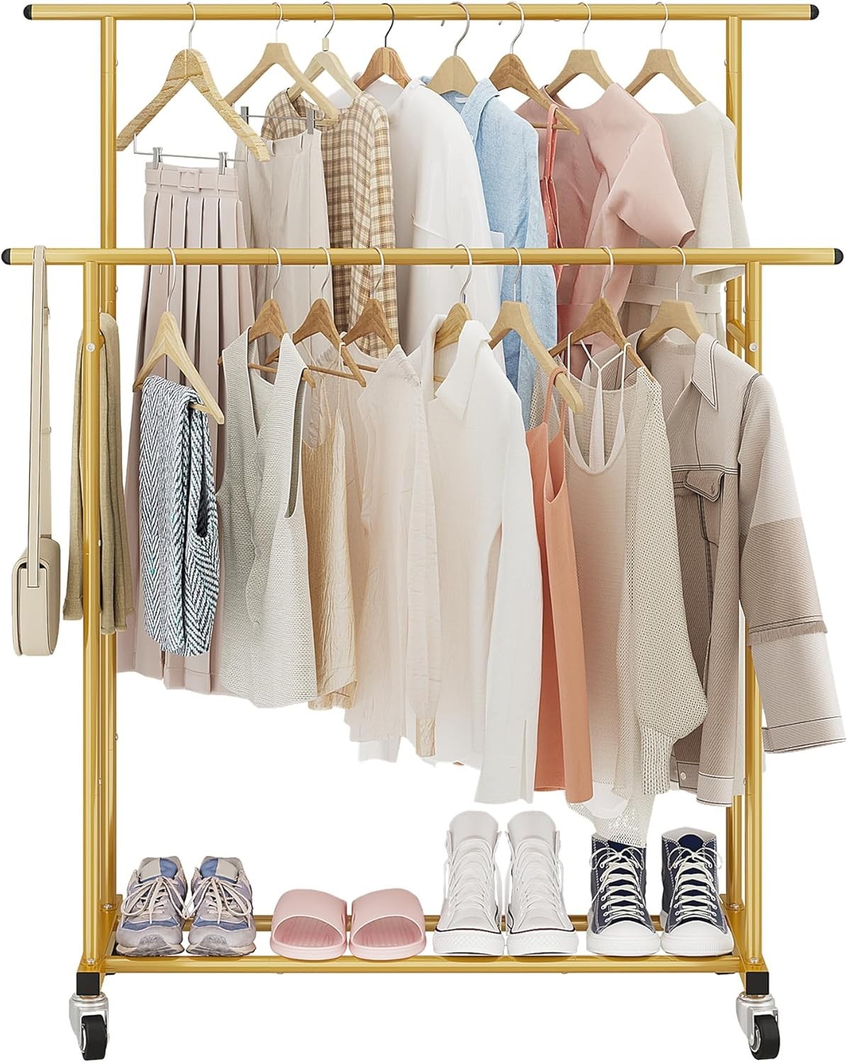 Gold Double Rod Clothes Rack with Wheels & Shelf Portable - Kwikley