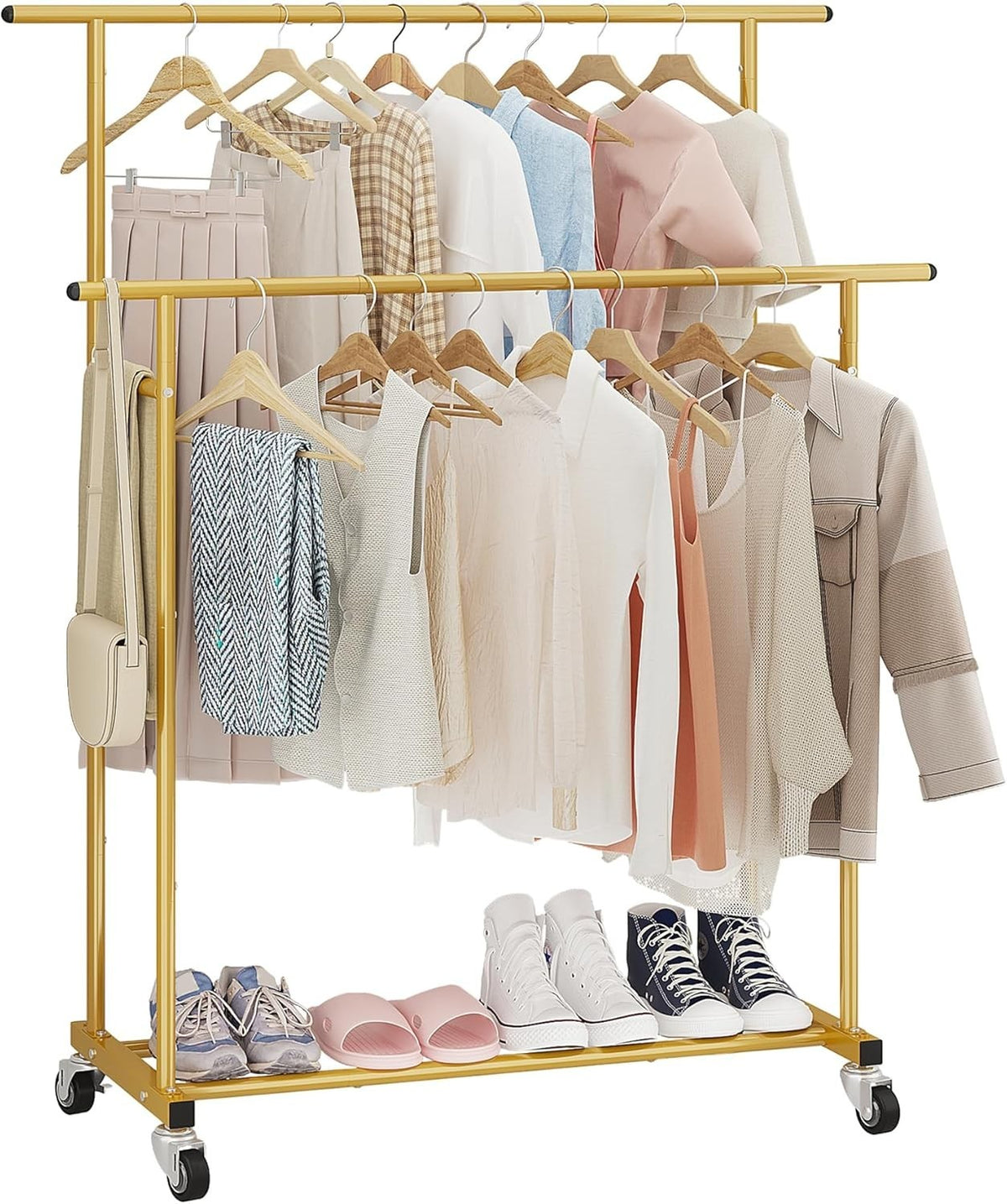 Gold Double Rod Clothes Rack with Wheels & Shelf Portable - Kwikley