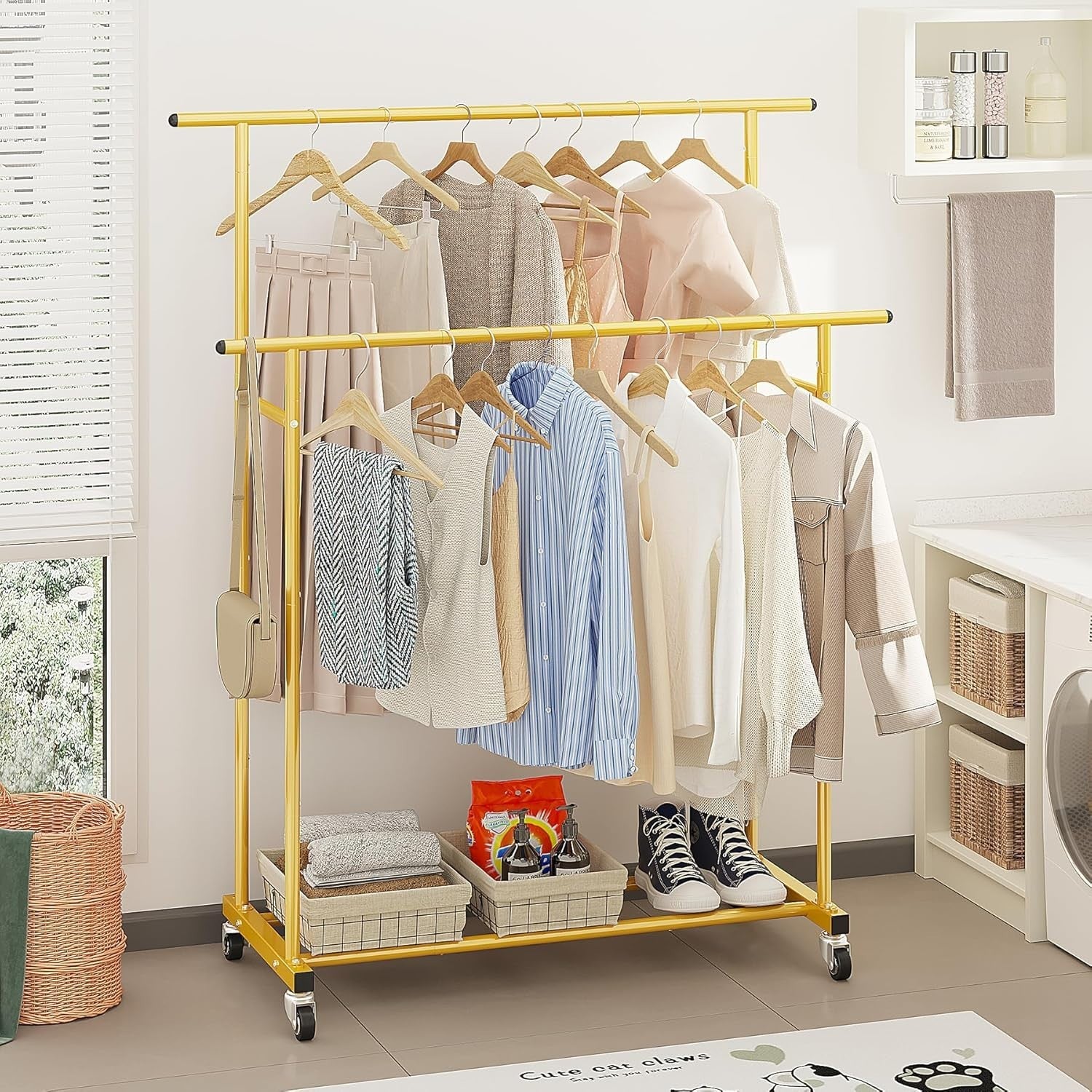Gold Double Rod Clothes Rack with Wheels & Shelf Portable - Kwikley