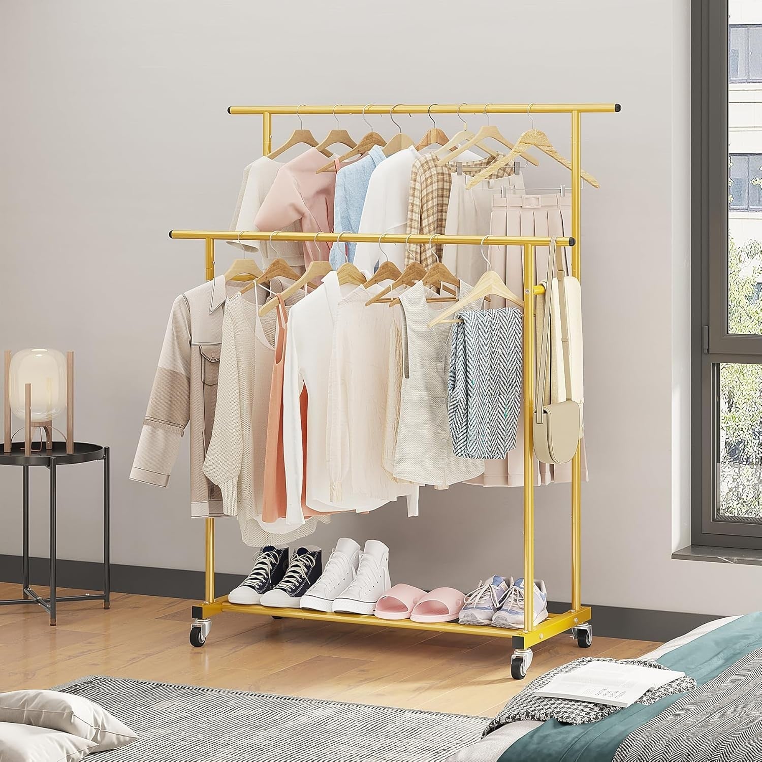Gold Double Rod Clothes Rack with Wheels & Shelf Portable - Kwikley