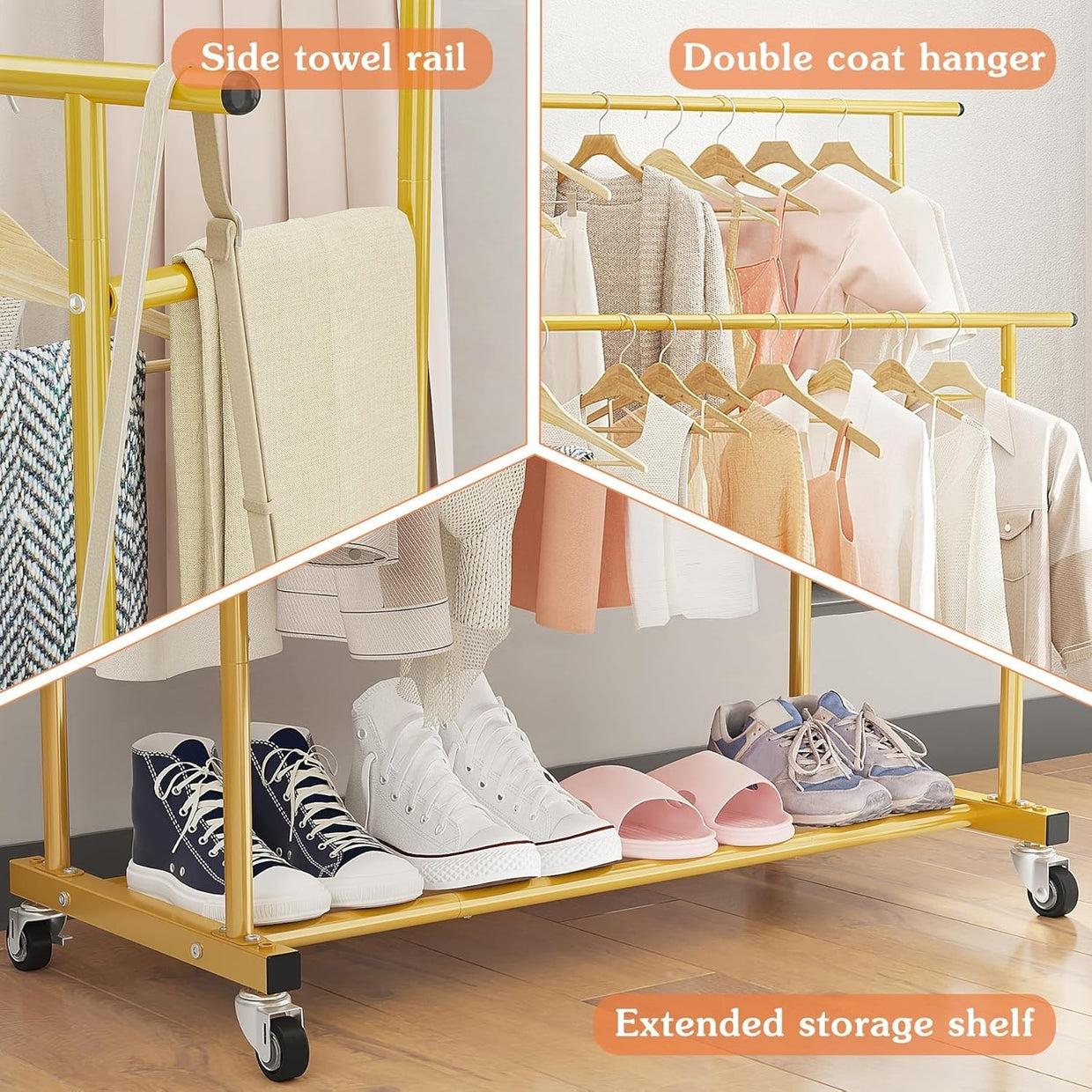 Gold Double Rod Clothes Rack with Wheels & Shelf Portable - Kwikley