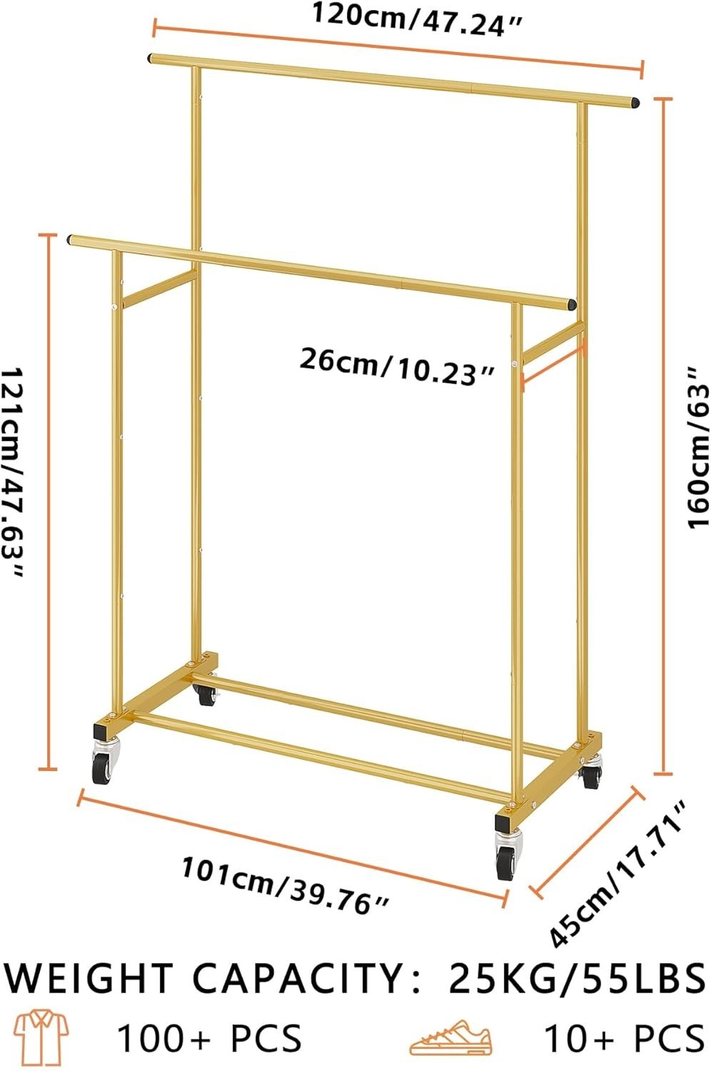 Gold Double Rod Clothes Rack with Wheels & Shelf Portable - Kwikley