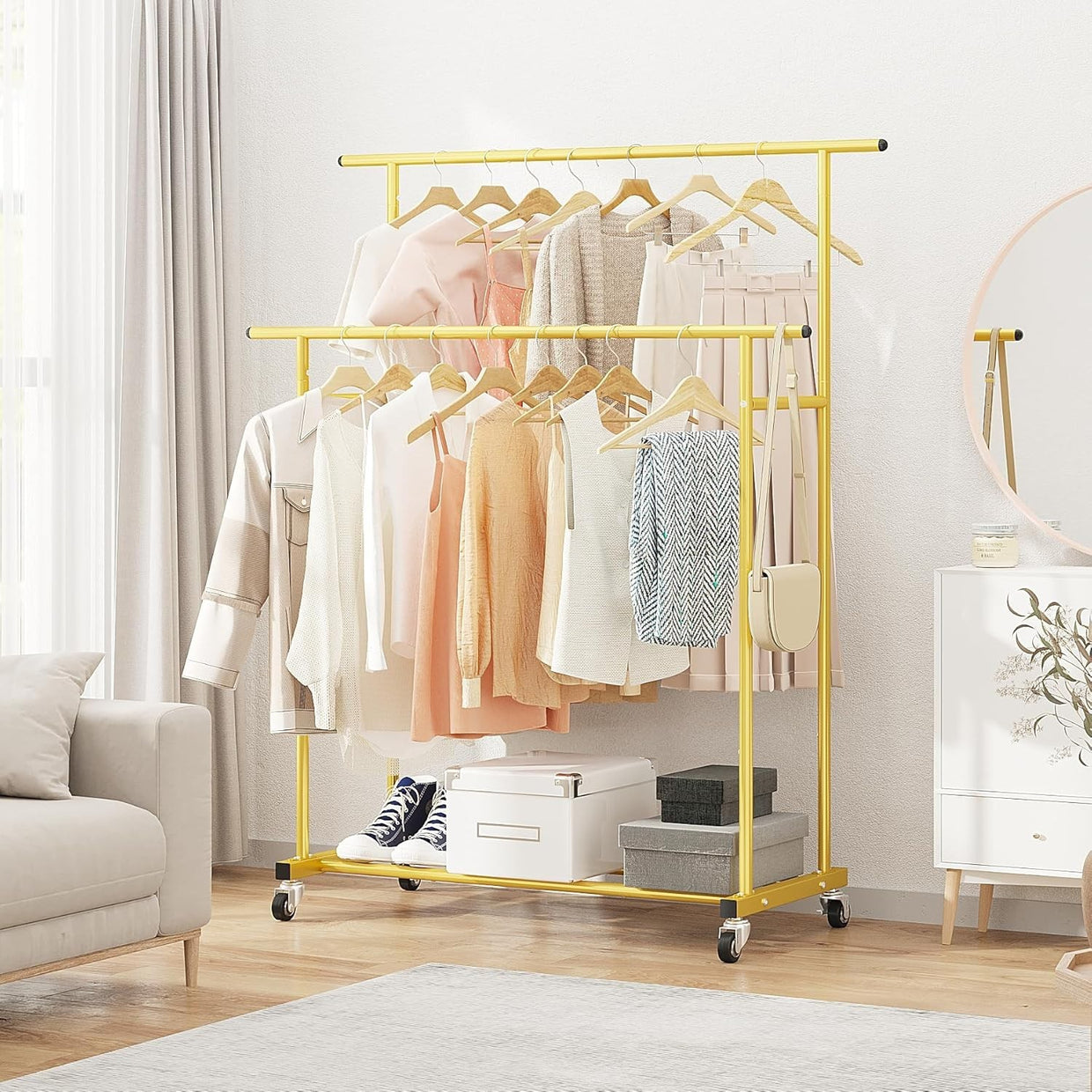 Gold Double Rod Clothes Rack with Wheels & Shelf Portable - Kwikley