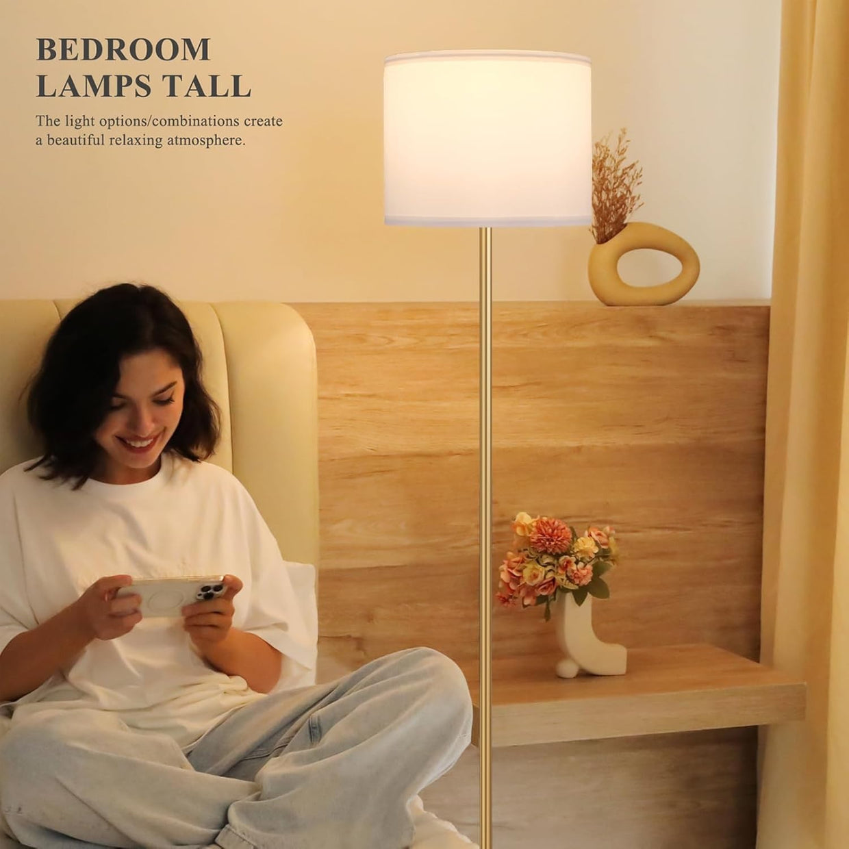 Gold Floor Lamp with Remote Dimmable Standing Lamp 153cm with 9W LED - Kwikley