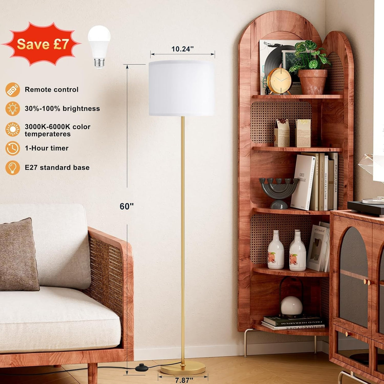 Gold Floor Lamp with Remote Dimmable Standing Lamp 153cm with 9W LED - Kwikley