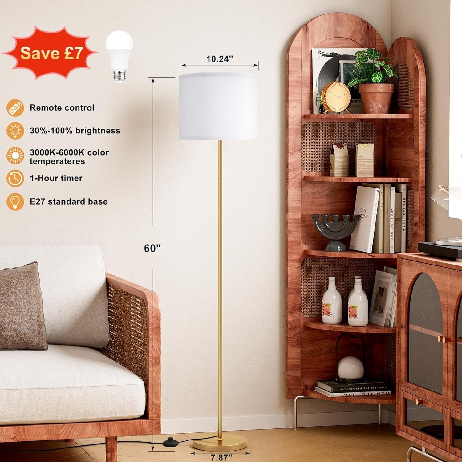 Gold Floor Lamp with Remote Dimmable Standing Lamp 153cm with 9W LED - Kwikley