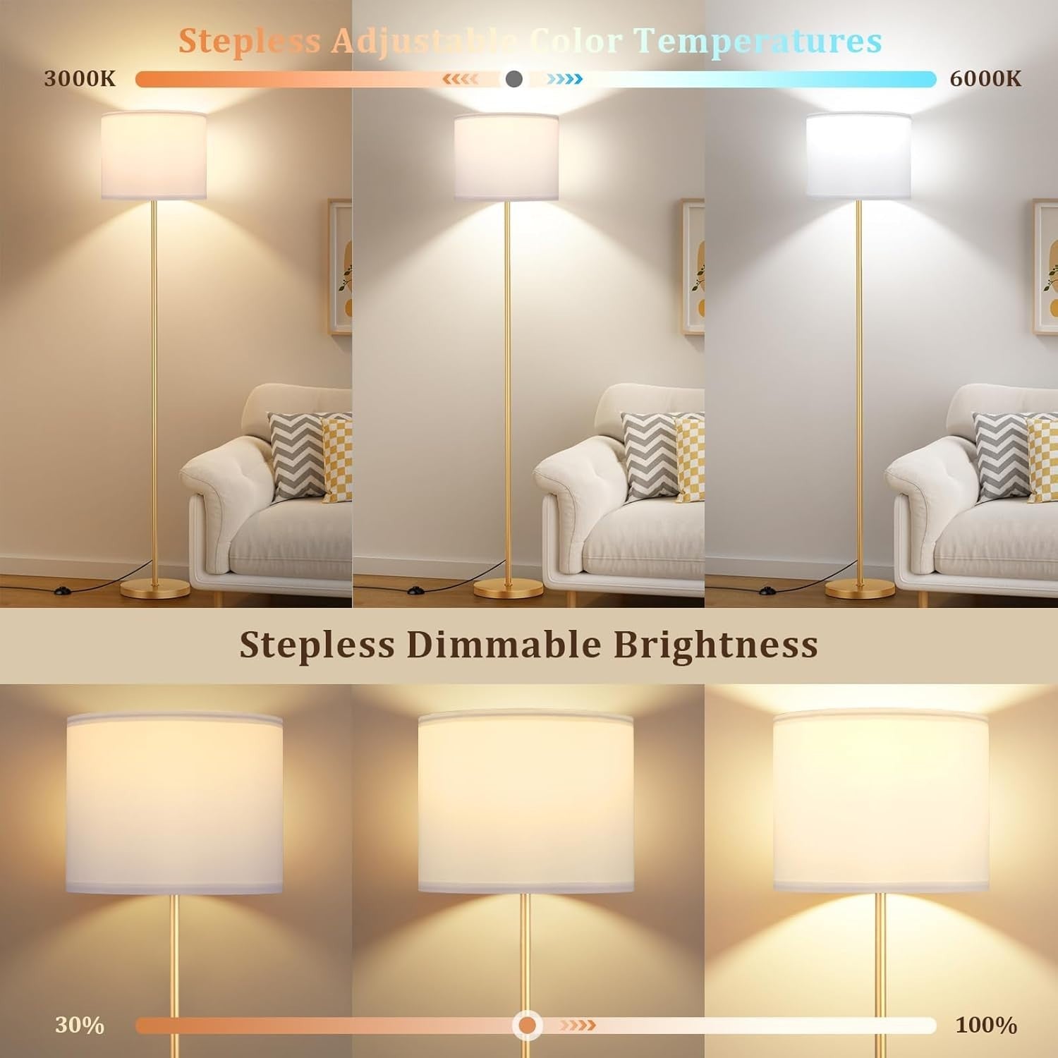 Gold Floor Lamp with Remote Dimmable Standing Lamp 153cm with 9W LED - Kwikley