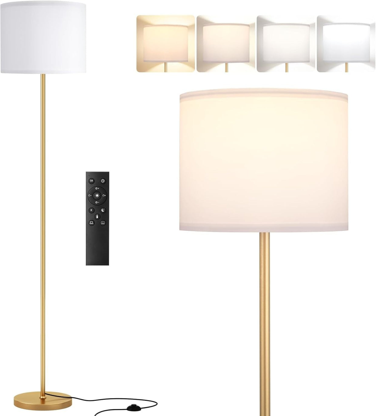 Gold Floor Lamp with Remote Dimmable Standing Lamp 153cm with 9W LED - Kwikley