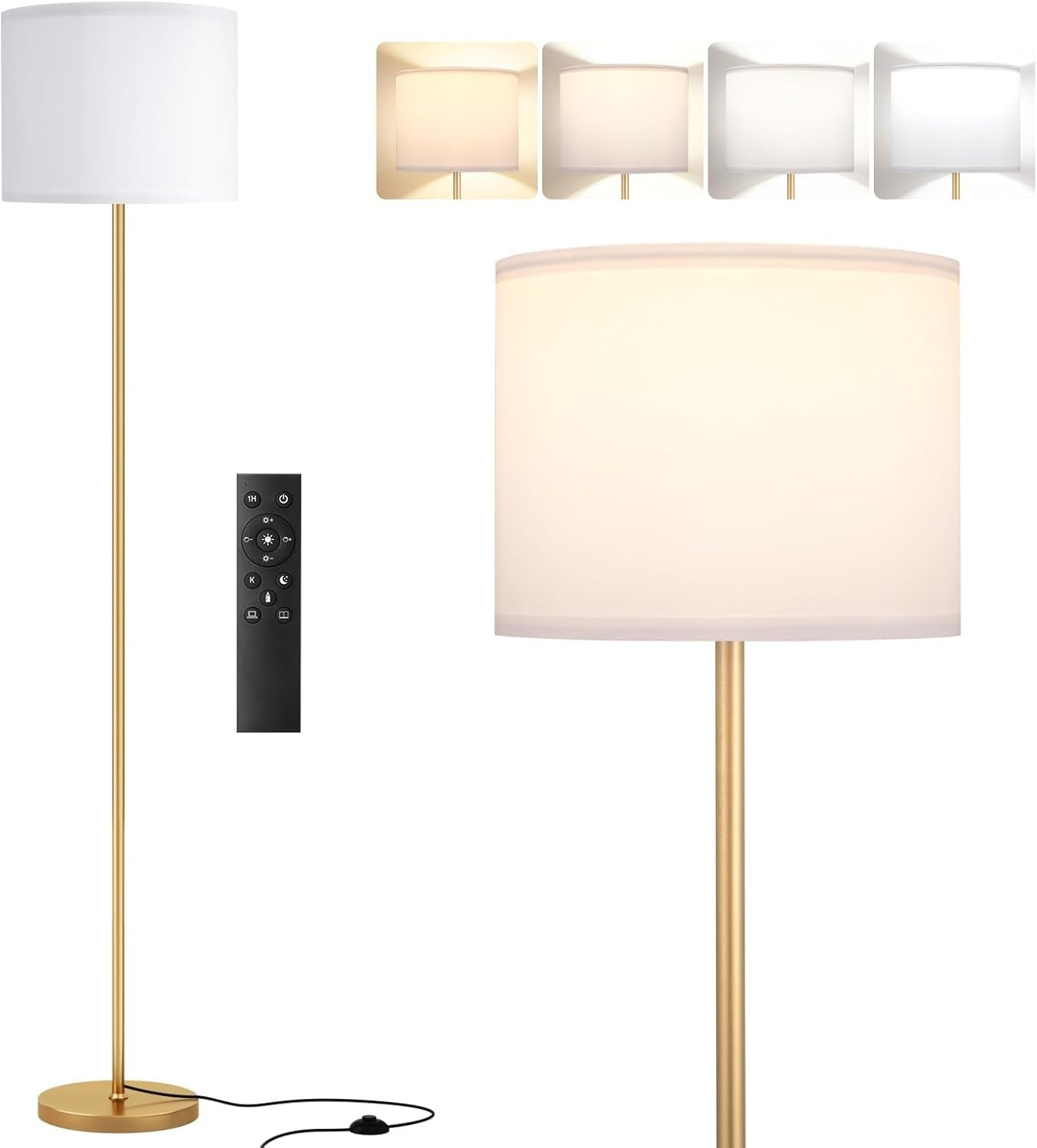 Gold Floor Lamp with Remote Dimmable Standing Lamp 153cm with 9W LED - Kwikley