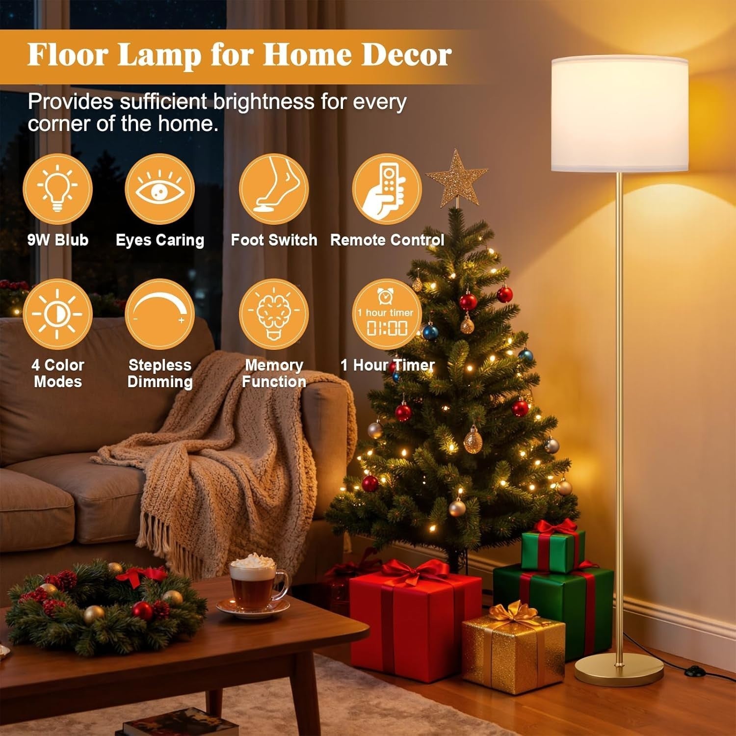 Gold Floor Lamp with Remote Dimmable Standing Lamp 153cm with 9W LED - Kwikley