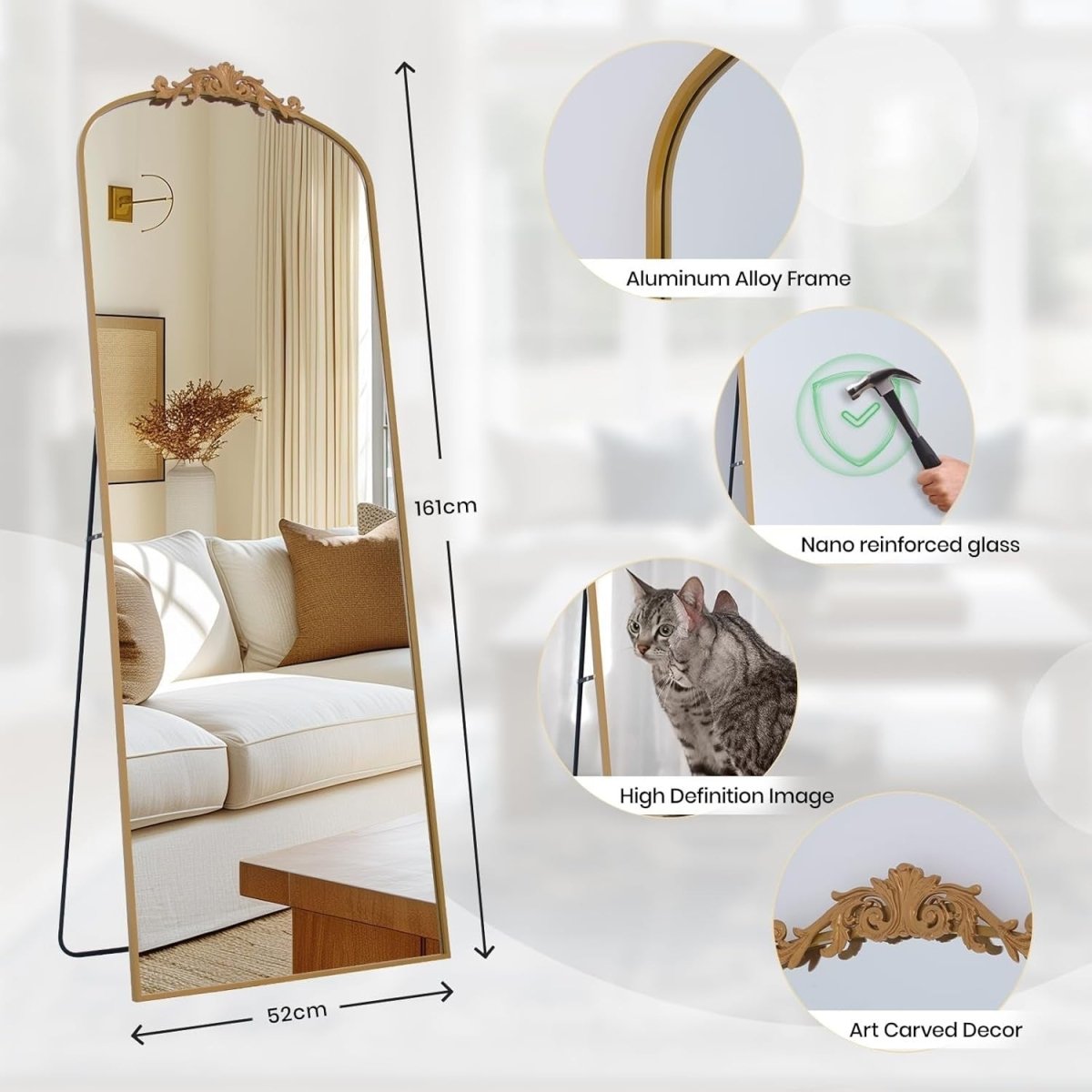 Gold Full Length Arch Mirror 161x52cm Ornate Wall Leaning Dressing Mirror - Kwikley