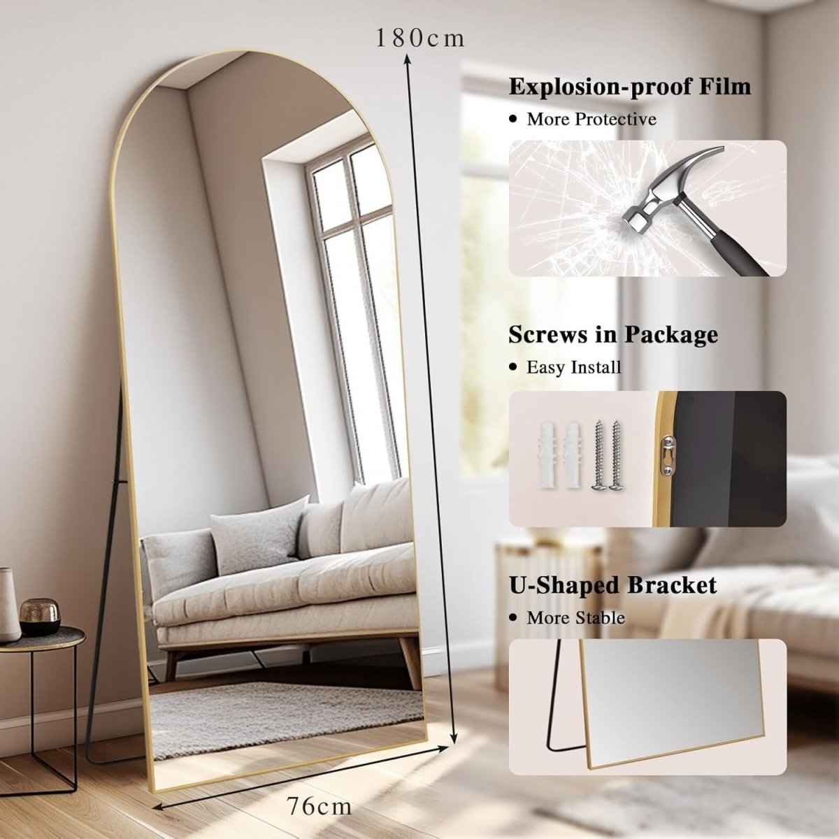 Gold Full Length Mirror 192x85cm Arch Wall Leaning Large Dressing Mirror - Kwikley
