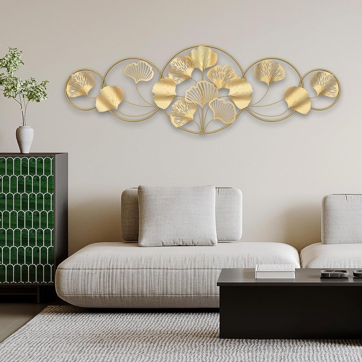 Gold Ginkgo Leaf Metal Wall Art Large Luxury Decor 128x43cm - Kwikley