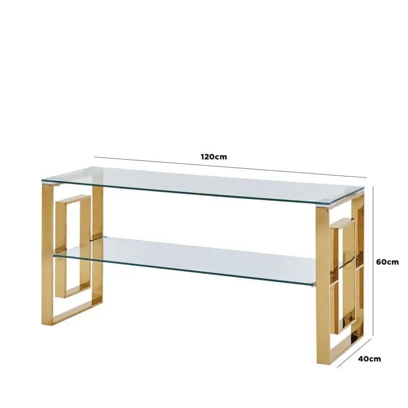 Gold Glass TV Stand 2-Tier Modern Media Console Unit Clear Shelf Frame - Kwikley