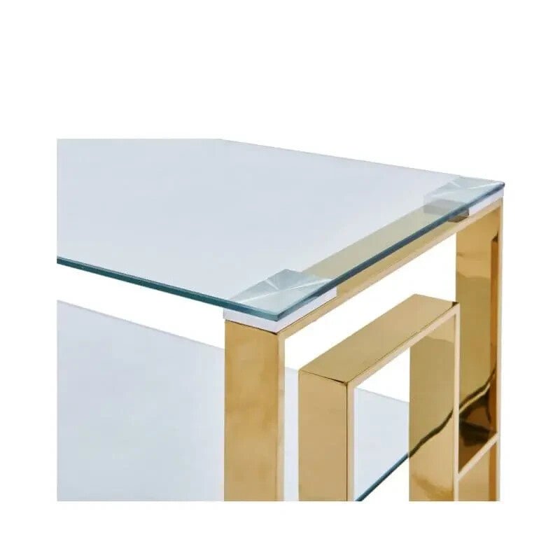 Gold Glass TV Stand 2-Tier Modern Media Console Unit Clear Shelf Frame - Kwikley