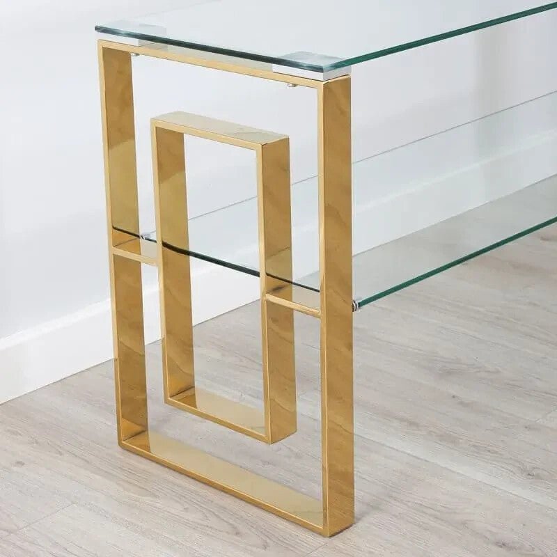 Gold Glass TV Stand 2-Tier Modern Media Console Unit Clear Shelf Frame - Kwikley