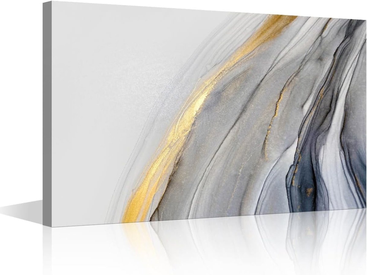 Gold Grey Marble Canvas Wall Art Large Abstract 90x60cm - Kwikley