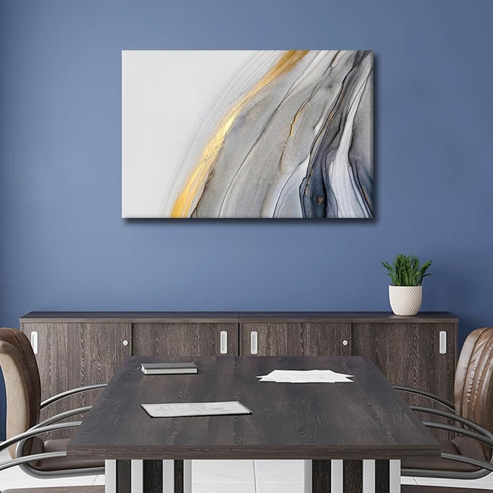 Gold Grey Marble Canvas Wall Art Large Abstract 90x60cm - Kwikley