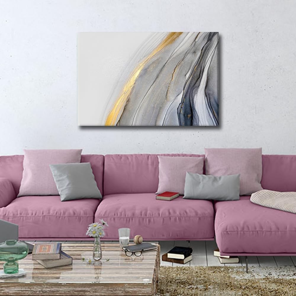 Gold Grey Marble Canvas Wall Art Large Abstract 90x60cm - Kwikley