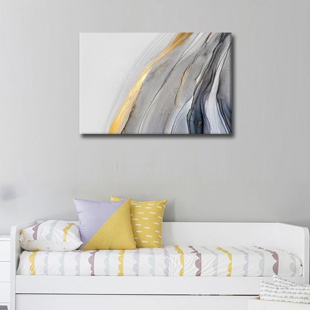 Gold Grey Marble Canvas Wall Art Large Abstract 90x60cm - Kwikley