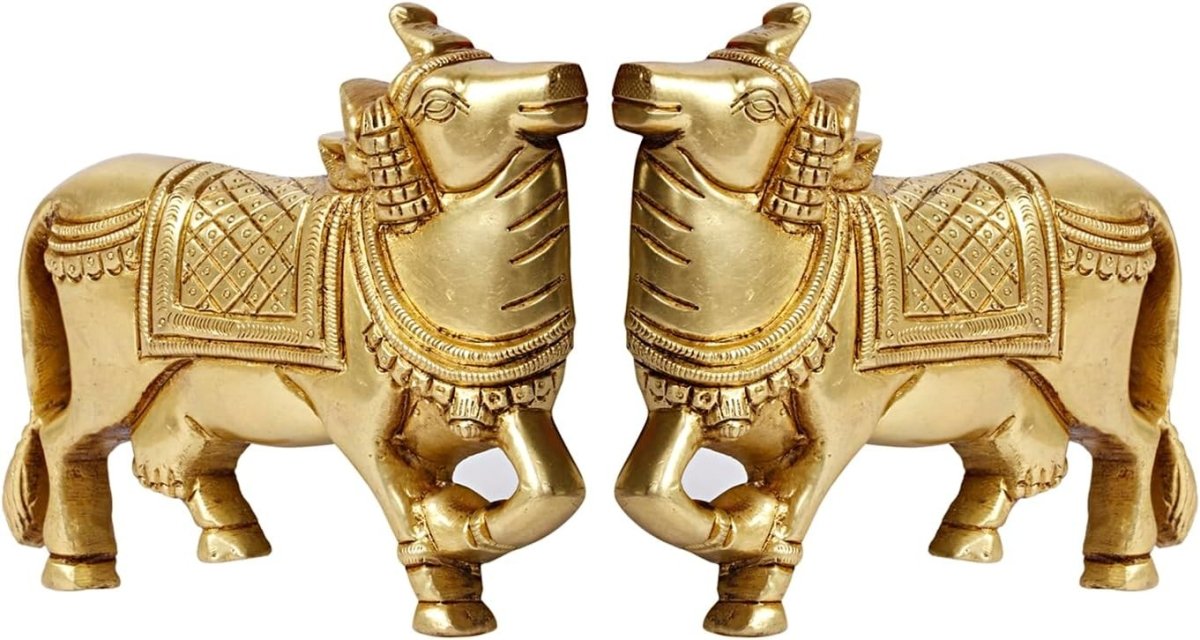 Gold Kamdhenu Cow Wall Hanging Pair Brass Vastu Pooja Idol 5" - Kwikley