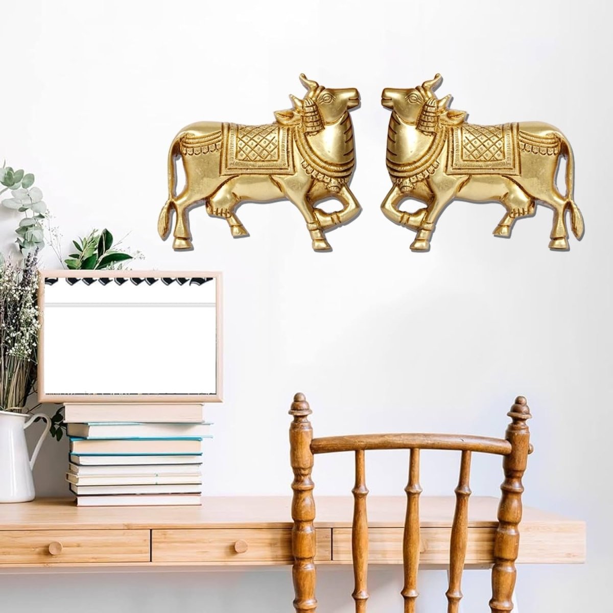 Gold Kamdhenu Cow Wall Hanging Pair Brass Vastu Pooja Idol 5" - Kwikley