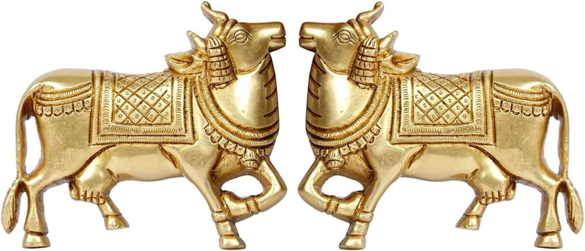 Gold Kamdhenu Cow Wall Hanging Pair Brass Vastu Pooja Idol 5" - Kwikley