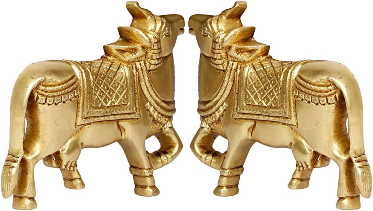 Gold Kamdhenu Cow Wall Hanging Pair Brass Vastu Pooja Idol 5" - Kwikley
