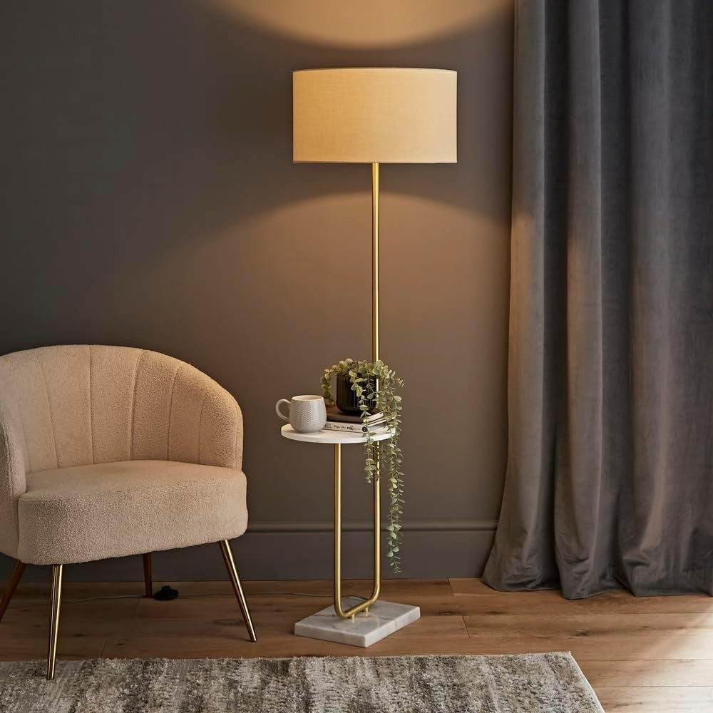 Gold Marble Floor Lamp with Shelf & Bulb, Natural Shade, 152cm Modern - Kwikley