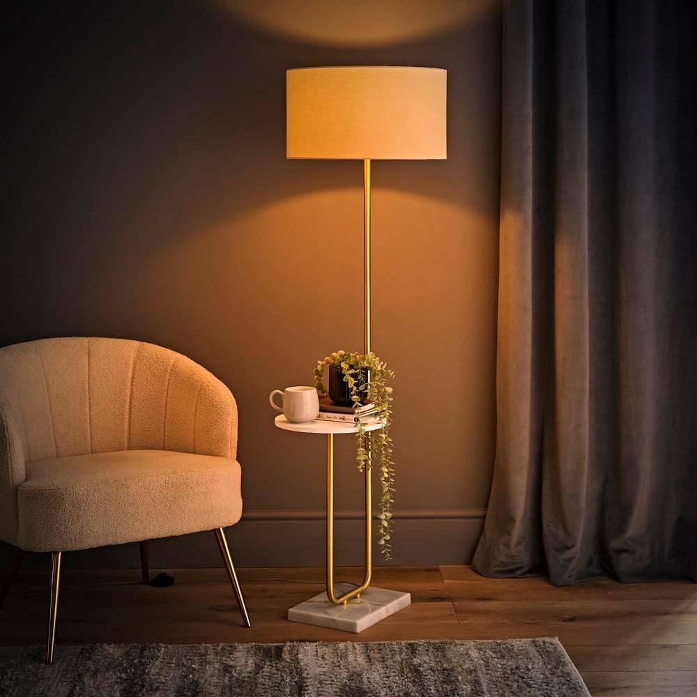 Gold Marble Floor Lamp with Shelf & Bulb, Natural Shade, 152cm Modern - Kwikley