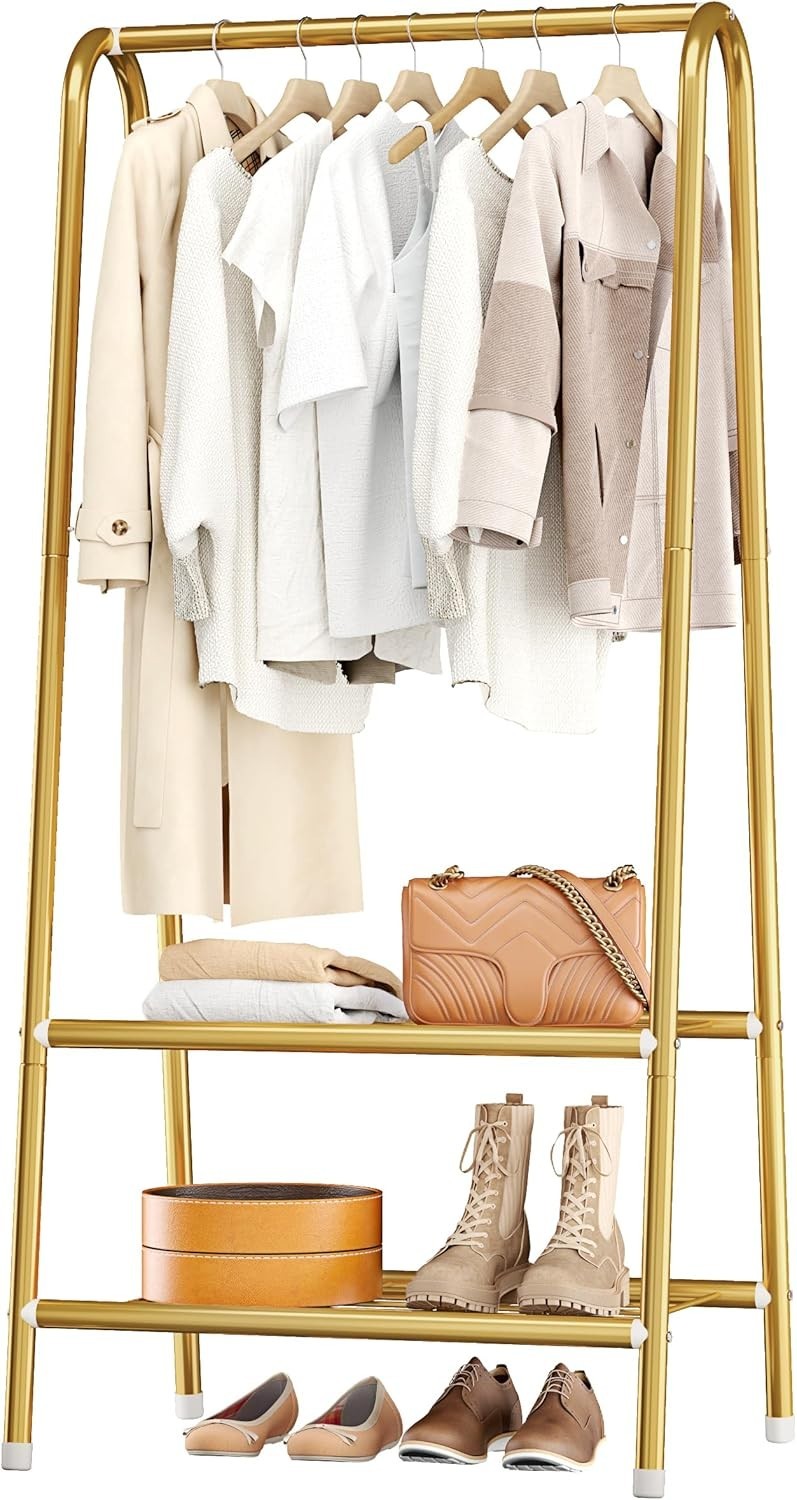 Gold Metal Clothes Rack with Double Shelves 62" Heavy Duty - Kwikley