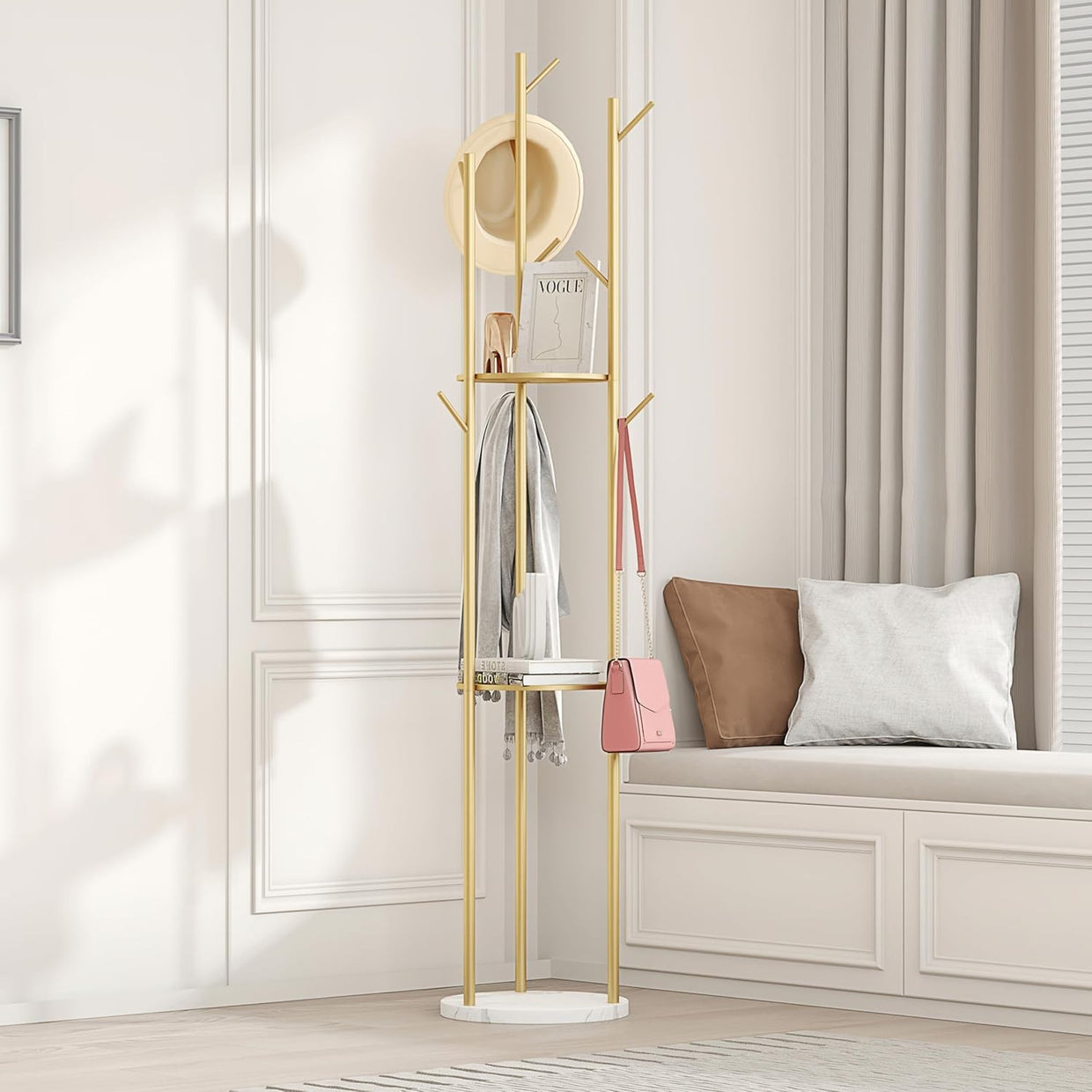 Gold Metal Coat Rack with Marble Base 9 Hooks 3 Shelves Freestanding Stand - Kwikley