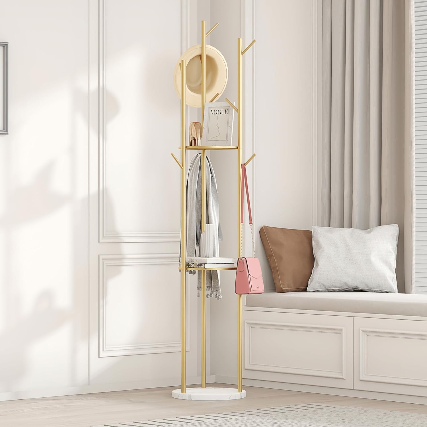 Gold Metal Coat Rack with Marble Base 9 Hooks 3 Shelves Freestanding Stand - Kwikley