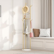 Gold Metal Coat Rack with Marble Base 9 Hooks 3 Shelves Freestanding Stand - Kwikley