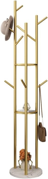 Gold Metal Coat Rack with Marble Base 9 Hooks 3 Shelves Freestanding Stand - Kwikley