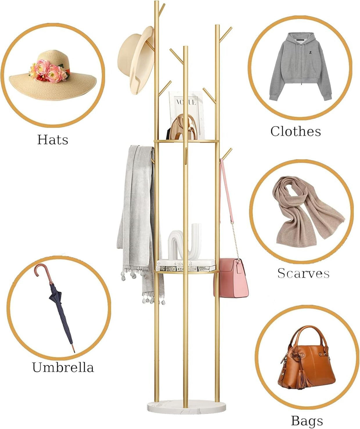 Gold Metal Coat Rack with Marble Base 9 Hooks 3 Shelves Freestanding Stand - Kwikley