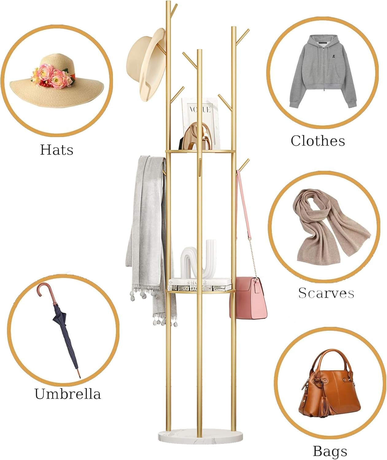 Gold Metal Coat Rack with Marble Base 9 Hooks 3 Shelves Freestanding Stand - Kwikley