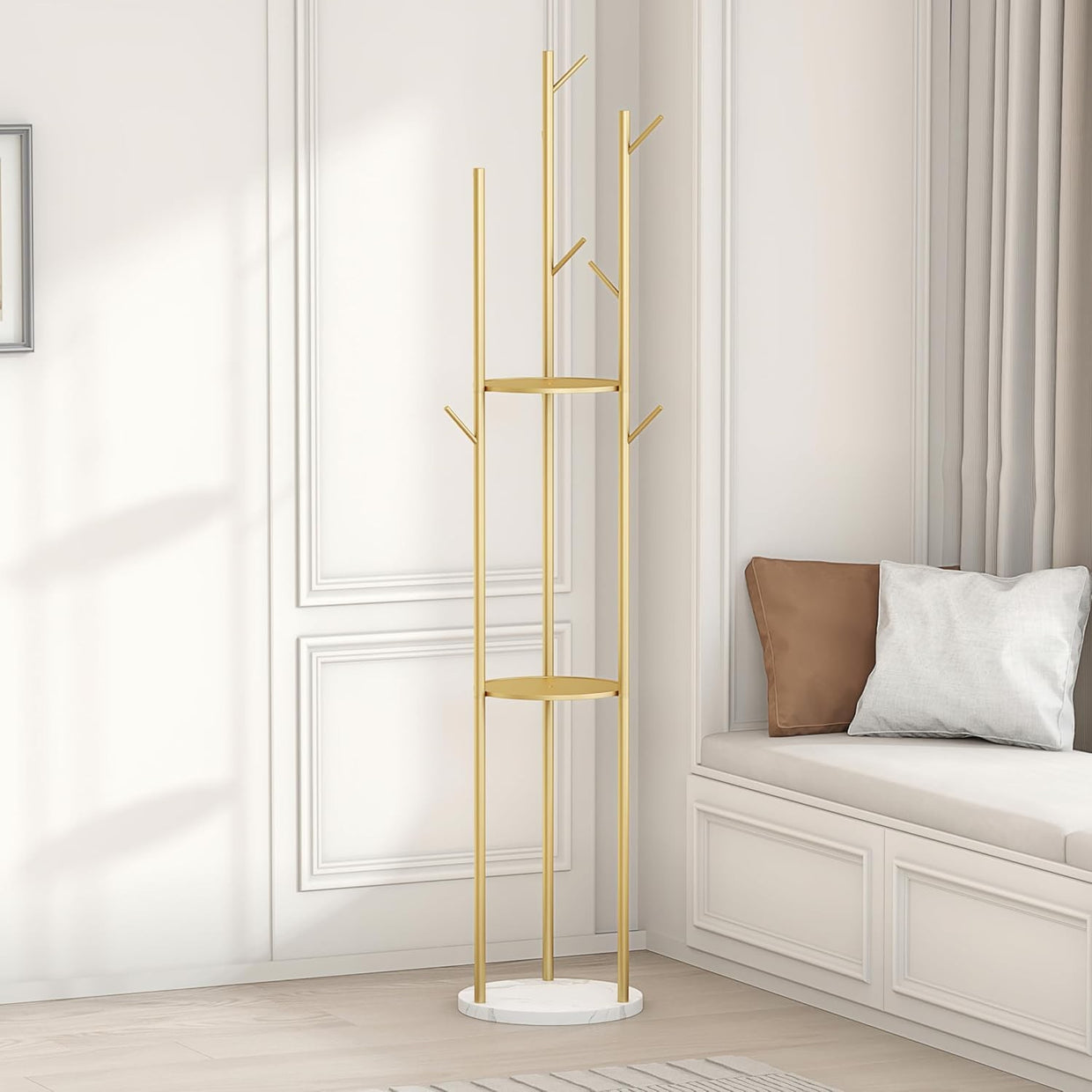 Gold Metal Coat Rack with Marble Base 9 Hooks 3 Shelves Freestanding Stand - Kwikley