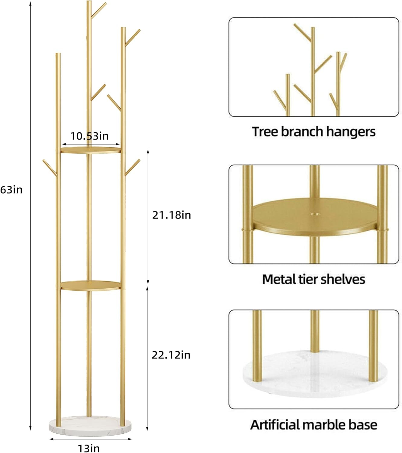 Gold Metal Coat Rack with Marble Base 9 Hooks 3 Shelves Freestanding Stand - Kwikley