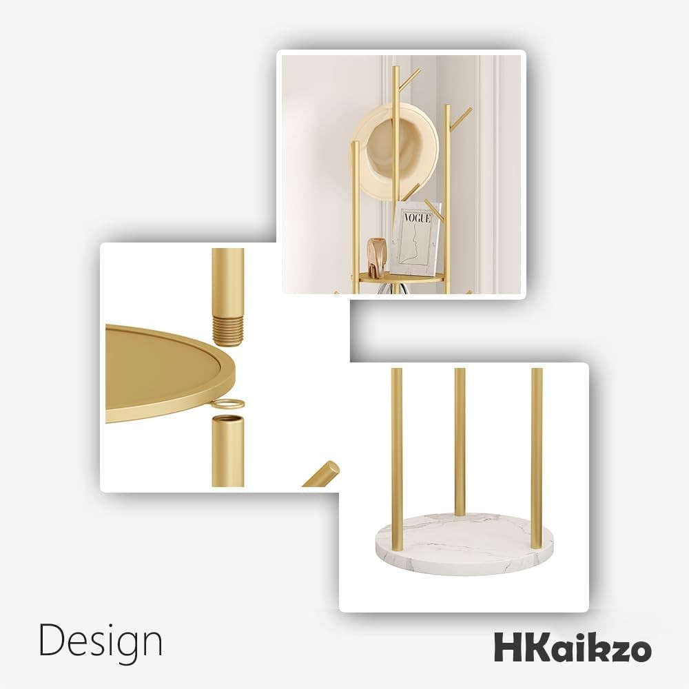 Gold Metal Coat Rack with Marble Base 9 Hooks 3 Shelves Freestanding Stand - Kwikley