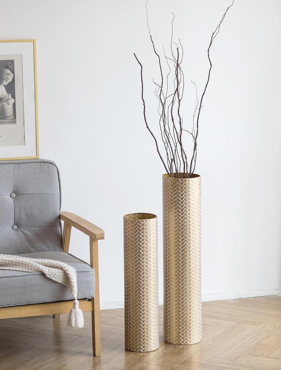 Gold Metal Floor Vases Set 70cm 55cm Tall Pampas Grass Living Room Decor - Kwikley