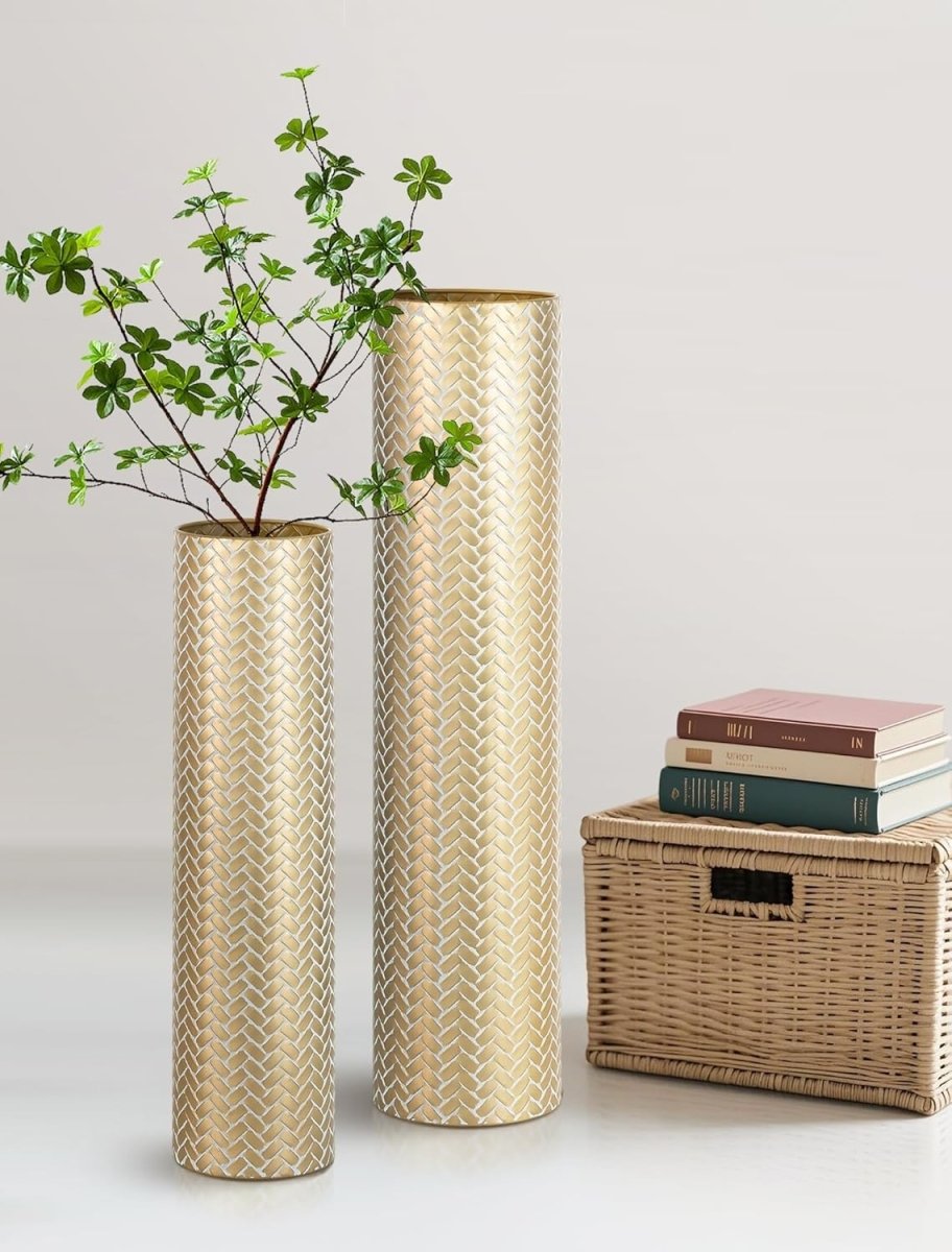 Gold Metal Floor Vases Set 70cm 55cm Tall Pampas Grass Living Room Decor - Kwikley