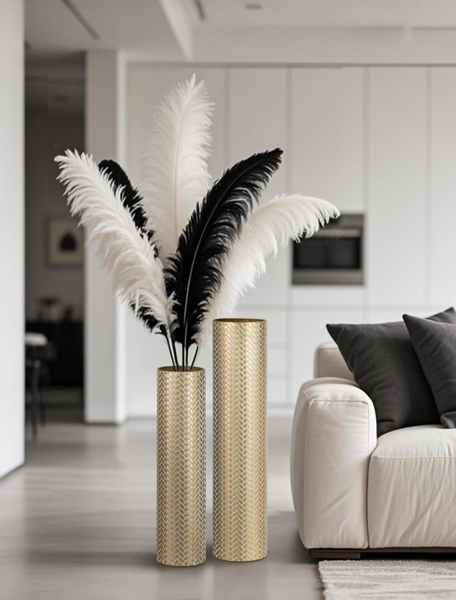 Gold Metal Floor Vases Set 70cm 55cm Tall Pampas Grass Living Room Decor - Kwikley