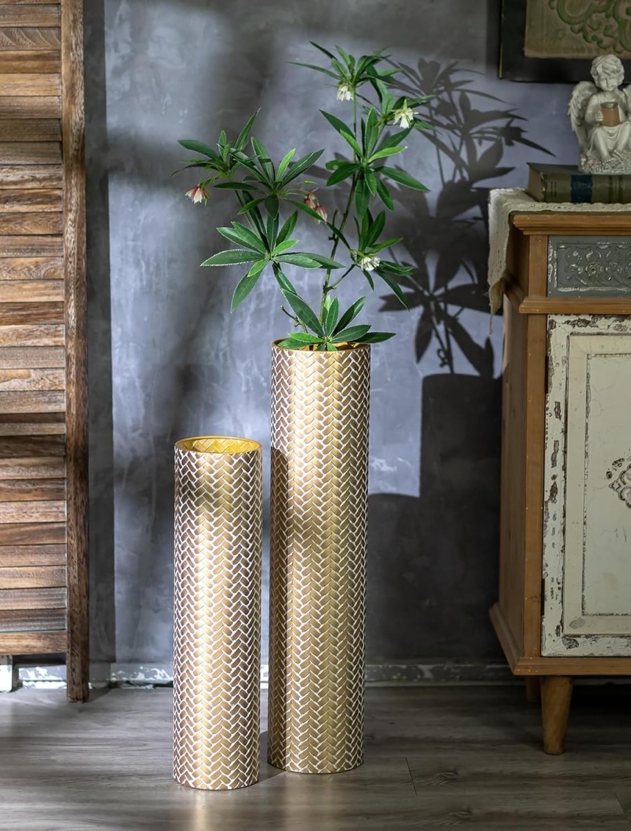Gold Metal Floor Vases Set 70cm 55cm Tall Pampas Grass Living Room Decor - Kwikley