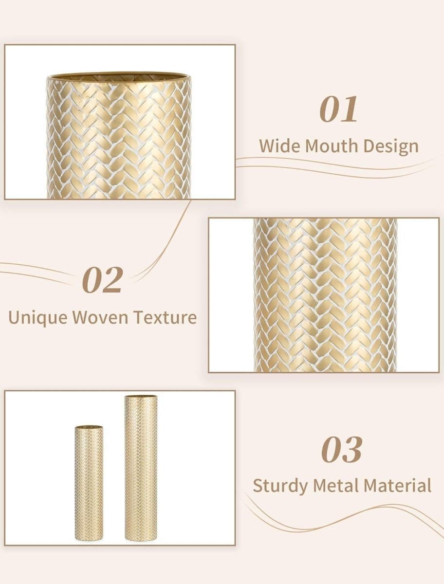 Gold Metal Floor Vases Set 70cm 55cm Tall Pampas Grass Living Room Decor - Kwikley