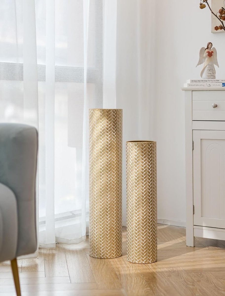 Gold Metal Floor Vases Set 70cm 55cm Tall Pampas Grass Living Room Decor - Kwikley